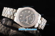Rolex Day Date II Automatic Movement Full Steel with Diamond Bezel-Diamond Markers and Black MOP Dial
