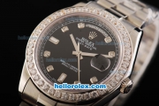 Rolex Day Date II Automatic Movement Full Steel with Diamond Bezel-Diamond Markers and Black Dial