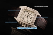 Cartier Santos 100 Chronograph Quartz Movement Diamond Case and Bezel with Black Roman Numerals and Brown Leather Strap