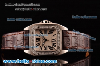 Cartier Santos 100 Medium Japanese Miyota OS2035 Quartz Steel Case with Brown Leather Strap Diamond Bezel and White Dial