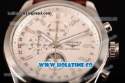 Longines Master Moonphase Chrono Miyota OS10 Quartz with Date Steel Case with White Dial Stick Markers and Brown Leather Strap