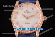 Omega De Ville Prestige Miyota Quartz Rose Gold Case with White MOP Dial Diamonds Bezel and Blue Leather Strap