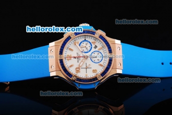 Hublot Big Bang Chronograph Swiss Valjoux 7750 Automatic Movement White Dial with Blue Diamond Bezel and Blue Rubber Strap