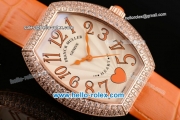 Franck Muller Heart Swiss Quartz Rose Gold Case with Orange Leather Strap Diamond Bezel and White Dial - ETA Coating