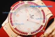 Hublot Big Bang Swiss Quartz Movement Rose Gold Case with Pink Diamond Bezel and Red Rubber Strap