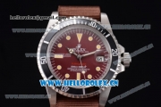 Rolex Submariner Vintage Asia 2813 Automatic Steel Case Red Dial Dot Markers and Brown Nylon Strap