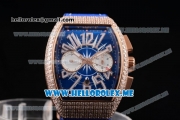 Franck Muller Vanguard Miyota OS20 Quartz Rose Gold Case with Blue Dial Blue Leather Strap Arabic Numeral Markers and Diamonds Bezel
