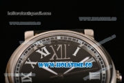 Cartier Rotonde De Miyota Quartz Steel Case with Black Dial Black Leather Strap and Roman Numeral Markers