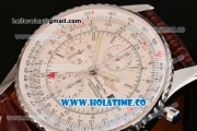 Breitling Navitimer World Chrono Swiss Valjoux 7750 Automatic Steel Case with Brown Leather Strap Stick Markers and White Dial