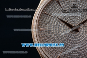 Jaeger-LECoultre Master Grande Ultra Thin Miyota 9015 Automatic Rose Gold Case with Diamonds Dial Stick Markers and Brown Leather Strap