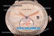 Cartier Rotonde De Swiss Quartz Steel Case with Diamonds Bezel Blue Leather Strap with White Guilloche Dial