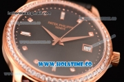 Patek Philippe Calatrava Swiss ETA 2824 Automatic Rose Gold Case with Diamonds Bezel Black Dial and Diamonds Markers