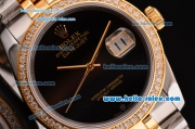 Rolex Datejust 2813 Automatic Two Tone Case with Diamond Bezel and Black Dial ETA Coating