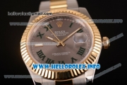 Rolex Datejust II Swiss ETA 2836 Automatic Two Tone Case/Bracelet with Grey Dial and Green Roman Numeral Markers (BP)