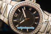 Patek Philippe Nautilus Swiss Quartz Movement Full Steel with Black Dial and Diamond Bezel