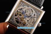 Patek Philippe Quadrate Skeleton Manual Winding Movement with White Bezel and Black Leather Strap