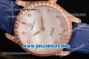 Omega De Ville Prestige Miyota Quartz Rose Gold Case with White MOP Dial Diamonds Bezel and Blue Leather Strap