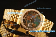 Rolex Datejust Asia 2813 Automatic Full Gold with Diamond Bezel and Green MOP Dial-Silver Roman Markers