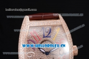 Franck Muller Casablanca Asia Automatic Rose Gold/Diamonds Case with Diamonds Dial and Arabic Numeral Markers Brown Leather Strap (ZF)