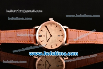 Vacheron Constantin Malte Miyota Quartz Rose Gold Case with Brown Leather Bracelet Orange Dial and Stick Markers