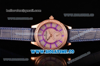 Jaeger-LeCoultre Lady Miyota Quartz Rose Gold Case with White MOP Dial Purple Stick Markers and Blue Leather Strap - Diamonds Bezel