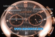 Cartier Rotonde De Chrono Miyota Quartz Rose Gold Case with Black Carbon Fiber Dial and Brown Leather Strap - Stick Markers