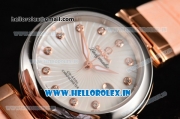 Omega De Ville Ladymatic Swiss ETA 2671 Automatic Steel Case with White Stripy Dial Diamonds Markers and Pink Leather Strap