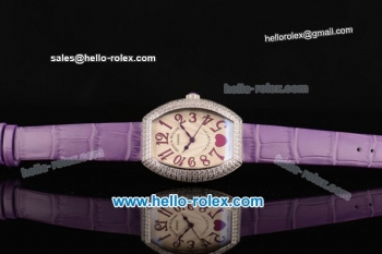 Franck Muller Heart Swiss Quartz Steel Case with Purple Leather Strap Diamond Bezel and White Dial - ETA Coating