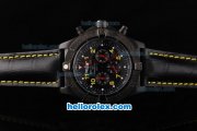 Breitling Avenger Chronograph Quartz Movement PVD Case with Black Dial and Yellow Numeral Marker-Black Leather Strap