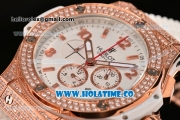 Hublot Big Bang Chrono Miyota OS20 Quartz Rose Gold Case with White Dial Arabic Numeral/Stick Markers and Diamonds Bezel