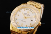 Rolex Day-Date II Automatic Movement Full Gold with Double Row Diamond Bezel-Silver Dial and Diamond Markers