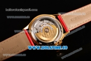 Vacheron Constantin Metiers d'Art Swiss ETA 2824 Automatic Yellow Gold Case with Blue MOP Dial Red Leather Strap and Diamonds Markers