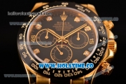 Rolex Daytona Chrono Swiss Valjoux 7750 Automatic Yellow Gold Case with Ceramic Bezel Black Dial and Black Leather Strap -Diamonds Markers (BP)