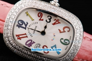 Franck Muller Galet Quartz Movement Silver Case with White Dial and Diamond Bezel-Pink Leather Strap