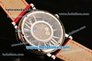 Cartier Rotonde De Swiss Quartz Steel Case with Diamonds Bezel Skeleton Dial and Red Leather Strap