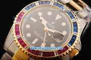 Rolex GMT Master II Swiss ETA 2836 Automatic Movement Black Dial with Colorful Diamond Bezel and Two Tone Strap