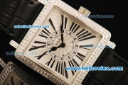 Franck Muller Master Square Swiss ETA Quartz Movement Silver Dial with Diamond Bezel and Black Leather Strap