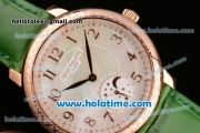 Patek Philippe Complications Miyota Quartz Rose Gold Case with White MOP Dial Green Leather Bracelet and Numeral Markers