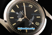 Rolex Explorer Automatic Movement Steel Case with Black Dial-Yellow Markers and Black Nylon Strap