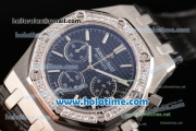 Audemars Piguet Royal Oak Chrono Miyota OS20 Quartz Steel Case with Black Leather Bracelet Black Dial and Diamond Bezel - 7750 Coating