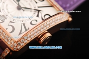 Franck Muller Master Square Swiss ETA 2824 Automatic Movement Rose Gold Case with Diamond Bezel and Purple Leather Strap