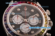 Rolex Daytona Rainbow Chrono Swiss Valjoux 7750-SHG Automatic Steel Case with Black Dial Diamond Markers and Colorful Diamond Bezel