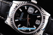Rolex Datejust Automatic with Black Dial and White Bezel and Case--Diamond Marking-Small Calendar-Black Leather Strap