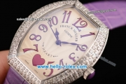 Franck Muller Heart Swiss Quartz Steel Case with Purple Leather Strap Diamond Bezel and White Dial - ETA Coating