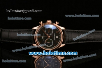 IWC Portuguese Chrono Miyota OS20 Quartz Rose Gold Case with Black Dial Numeral Markers and Black Leather Bracelet