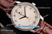 Vacheron Constantin Patrimony Swiss ETA 2824 Automatic Steel Case with Brown Leather Strap White Dial and Diamond Bezel