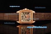 Cartier Santos 100 Swiss ETA 2671 Automatic Movement Rose Gold Case with Diamond Bezel and Brown Leather Strap