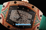 Richard Mille RM007 Rose Gold Case with Black/Diamond Dial-Diamond Hour Markers and Diamond Bezel-Green Leather Strap