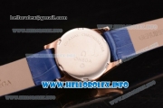 Omega De Ville Prestige Miyota Quartz Rose Gold Case with White MOP Dial Diamonds Bezel and Blue Leather Strap