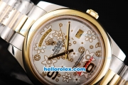 Rolex Day-Date II Oyster Perpetual Automatic Movement Two Tone with Gold Bezel and Flower Pattern Silver Dial